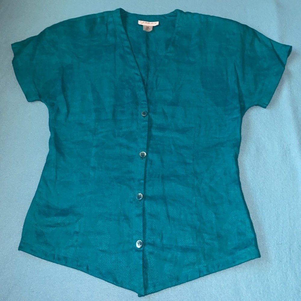 GENNY S.p.a linen button up short sleeve blouse turquoise Made in Italy size 8